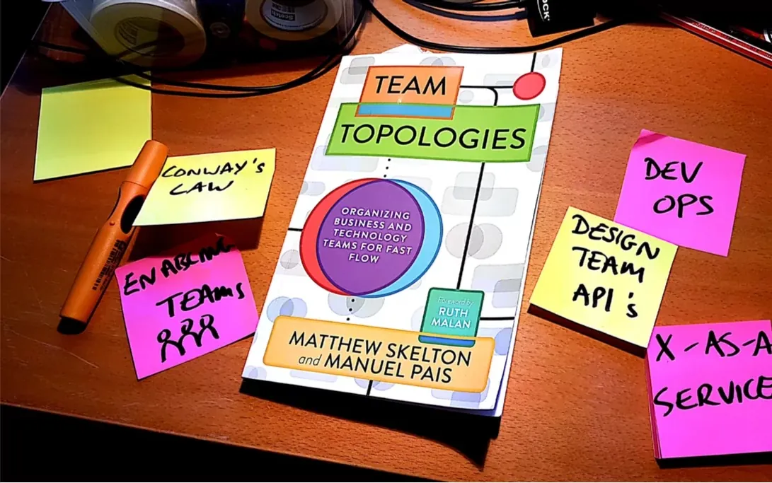 Team Topologies book surrounded by sticky notes on DevOps, team APIs and X-as-a-Service
